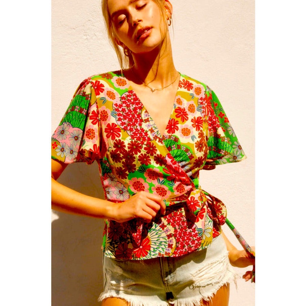 Origami Short Flutter Sleeve Blouse in Vibrant Summer Colors BNWT